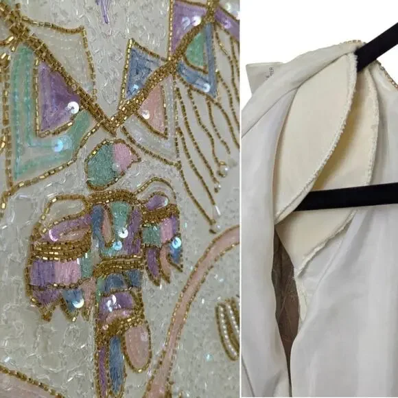 Vintage Beaded Silk Scallop Hem Pastel Sequin Top India Gold Blue Pink Purple M - Picture 5 of 7